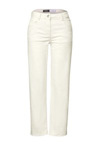 Krämfärgade denimbyxor med rak bendesign, fem fickor, knäppning och subtil textur.
