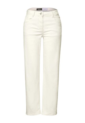Pantaloni in denim color crema con design a gamba dritta, cinque tasche, chiusura con bottone e una texture sottile.