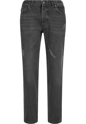Jeans in denim nero con una vestibilità a gamba dritta, caratterizzati da una leggera usura sulla parte anteriore e un classico design a cinque tasche.