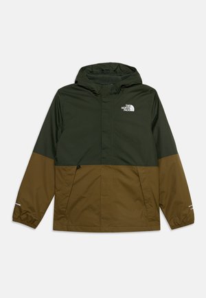 Veste bicolore verte et marron avec capuche, fermeture éclair intégrale à l'avant, poches latérales, poignets élastiques et logo The North Face sur la poitrine.