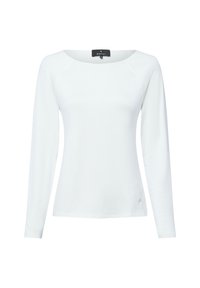 White long-sleeve women's top with round neckline and a small metallic logo on the lower front side.