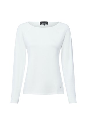 White long-sleeve women's top with round neckline and a small metallic logo on the lower front side.