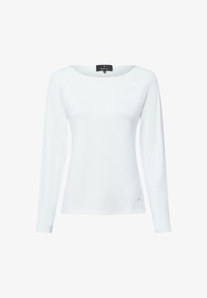 White long-sleeve women's top with round neckline and a small metallic logo on the lower front side.