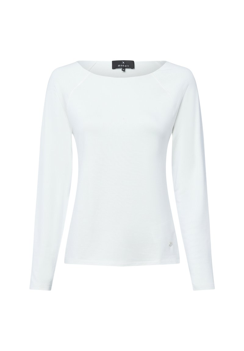 White long-sleeve women's top with round neckline and a small metallic logo on the lower front side.