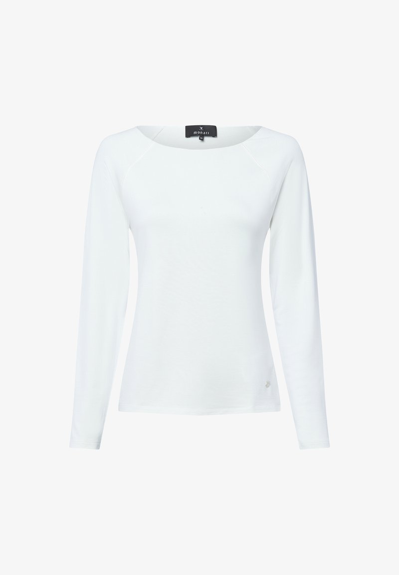 T-shirt blanc à manches longues pour femme avec un col rond et un petit logo métallique sur le bas devant.