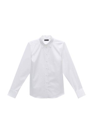 Chemise blanche à manches longues en coton avec un col classique et une fermeture à boutons à l'avant. Présente des poignets à boutons et un ourlet droit.