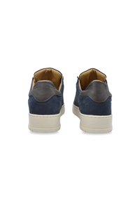 Navy blue suede sneakers with a gray leather accent at the heel, creamy rubber soles, and a soft interior lining. Classic low-top design.