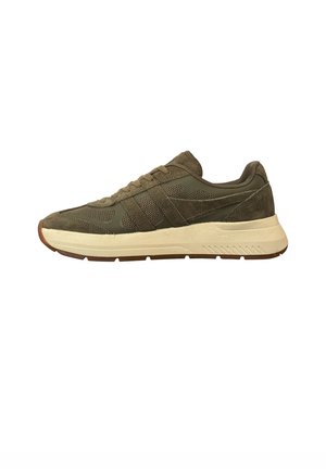 Olive green sneaker with suede and mesh upper, beige thick sole, lace-up closure, and brown rubber outsole, viewed from the side.