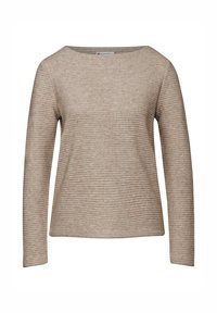 Maglietta beige a maniche lunghe con scollo a barca. Realizzata in tessuto texturizzato con sottili righe orizzontali. Design a vestibilità regolare.
