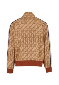 Brown patterned jacket featuring a high collar, ribbed cuffs, and hem, with contrasting blue and white side stripes.