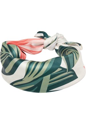 Bandeau en soie avec nœud, présentant des motifs abstraits de feuilles tropicales vertes et corail rose sur fond blanc.