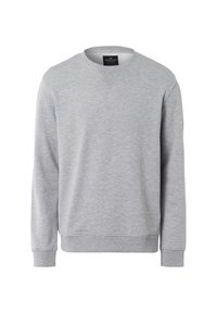 Szara bluza wykonana z miękkiego materiału, z okrągłym dekoltem, długimi rękawami oraz ściągaczami przy nadgarstkach i u dołu. Prosty design bez wzorów.