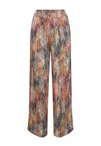 Pantalon large avec taille élastique et motif abstrait à rayures verticales multicolores dans des tons de rose, orange, noir et beige.