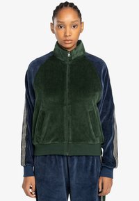 Chaqueta de felpa verde y azul marino con cremallera, bolsillos laterales, puños acanalados y acentos a rayas contrastantes a lo largo de las mangas.