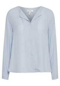 Blusa a maniche lunghe azzurro chiaro con colletto a punta, tessuto morbido, pattina frontale e vestibilità comoda, senza motivi o accenti visibili.