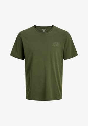 Olíva zöld pamut póló kerek nyakkivágással, rövid ujjakkal és egy diszkrét Jack & Jones logóval a mellrészen. Puha tapintás.