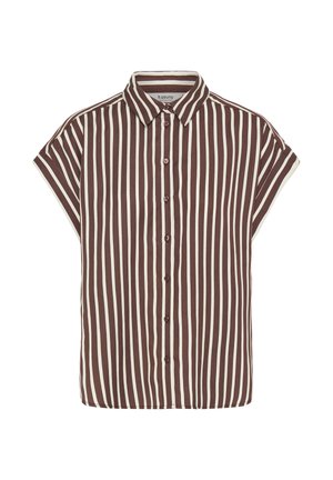 Brown and white vertically striped short-sleeve button-up shirt with a classic collar and loose fit.