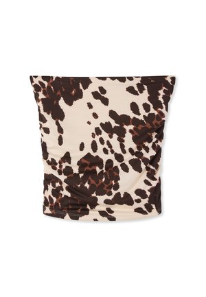Top a tubo beige con motivo leopardato irregolare marrone e marrone scuro, tessuto leggermente stropicciato, cuciture visibili sul fondo.