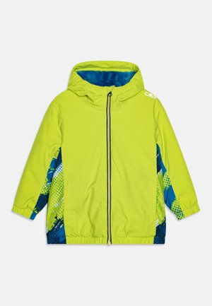 Energiline laimiroheline jope koos kapuutsiga, mille külgedel on sinised ja mustrilised detailid. Suletud keskse tõmbluku ja elastsete mansettidega.