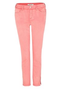 Jeans skinny de mezclilla rosa con un diseño ajustado, cinco bolsillos y una pequeña hendidura en el dobladillo para un detalle adicional. El material tiene un acabado ligeramente texturizado.
