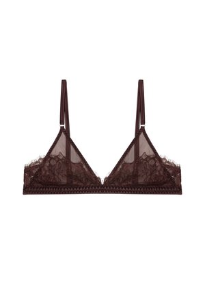Bralette burdeos de encaje con copas triangulares, tejido de malla transparente, delicado patrón floral, tirantes ajustables y borde festoneado.