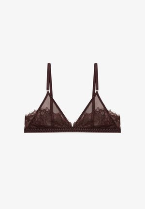 Burgundy lace bralette with triangular cups, sheer mesh fabric, delicate floral pattern, adjustable straps, and scalloped trim.