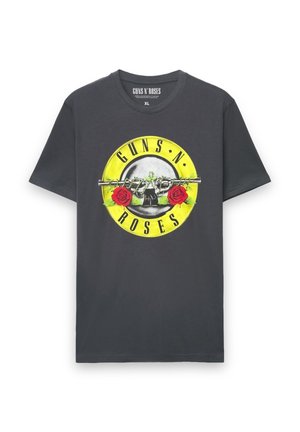 Maglietta grigia in cotone con un logo circolare giallo, "GUNS N' ROSES", con un teschio, rose e una pistola al centro. Taglia XL.