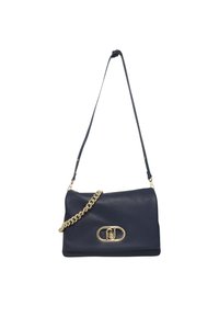 Borsa a mano in pelle blu navy con finitura strutturata, caratterizzata da una catena dorata e una chiusura ovale unica. Progettata con chiusura a patta e una tracolla.