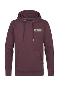 Bordeauxfarbener Pullover mit Kapuze, einer vorderen Tasche, verstellbarem Kordelzug an der Kapuze und dezentem Logo auf der Brust. Hergestellt aus weichem Baumwollgemisch.