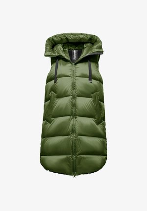 Gilet imbottito verde oliva con colletto alto e cappuccio, chiusura con zip e due tasche frontali, tessuto testurizzato con finitura lucida.