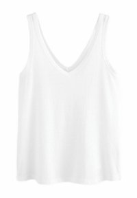 Hvid ærmeløs tanktop med V-udskæring. Lavet af blødt stof, med en glat tekstur og et enkelt, lige snit design.