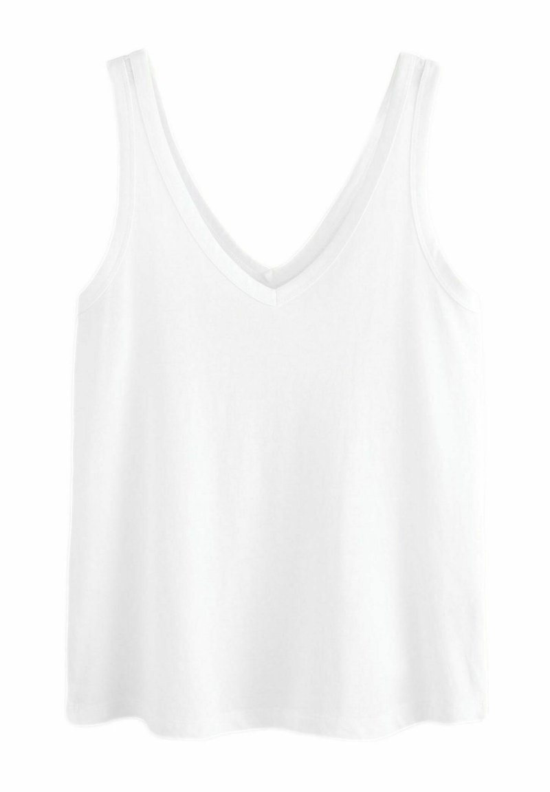 Hvid ærmeløs tanktop med V-udskæring. Lavet af blødt stof, med en glat tekstur og et enkelt, lige snit design.
