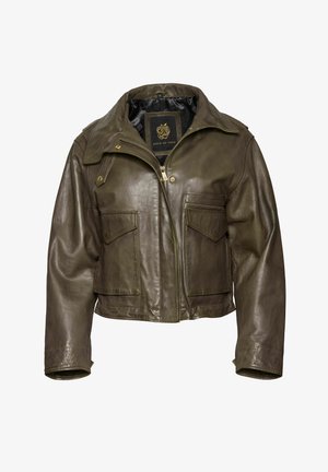 Olivgrüne Lederjacke mit Reißverschluss, breitem Kragen und vier Fronttaschen. Hat eine glatte Oberfläche und robuste Nähte.