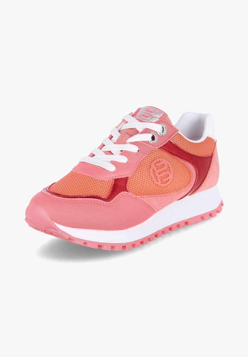 Rosa Sport-Sneaker aus Mesh-, Gummi- und synthetischen Materialien. Merkmale sind weiße Schnürsenkel, strukturierte Akzente und gemusterte Sohlen.