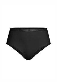 Slip bikini nero a vita alta realizzato in materiale elastico e morbido, con un sottile logo sulla cintura e lati senza cuciture.
