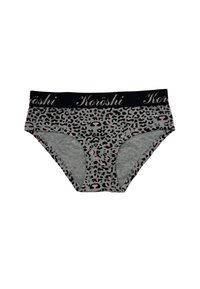 Sive bombažne hlačke z roza in črnim leopardjim vzorcem, z črnim pasom, na katerem je prikazano ime blagovne znamke "Koröshi."