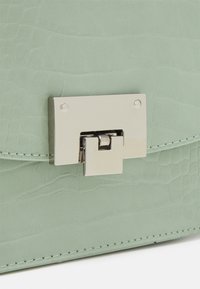 Borsa a tracolla in pelle verde chiaro con chiusura in metallo argentato e dettagli di cucitura. Finitura liscia con texture effetto pelle di rettile.