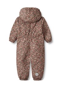 Puchowy kombinezon w kwiatowy wzór w ciemno brązowym i różowym kolorze, z kapturem, elastycznymi mankietami oraz naszywką z logo na nodze.