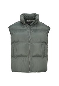 Veste sans manches matelassée gris foncé avec col montant, fermeture éclair avant et deux poches latérales, en tissu matelassé isolant.