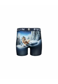 Boxers avec un motif de chat en train de skier, sur un fond de montagne enneigée bleu et blanc. Le tissu semble extensible avec une ceinture noire portant l'inscription « PULLIN ».