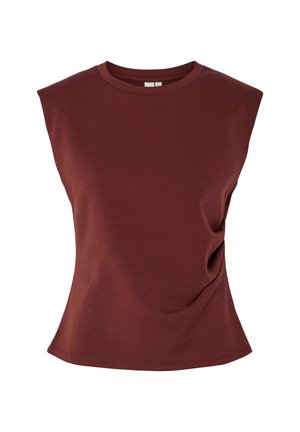 Burgundská bezrukávová blůza s kulatým výstřihem, vyrobená z měkké tkaniny. Má na boku nařasené detaily a volný střih.