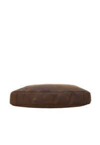 Flat brown leather pouch or bag with visible stitching on the edges, shown from the bottom against a white background.
