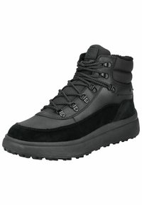 Schwarze Mid-Top-Wanderschuhe aus Leder und Wildleder, mit robusten Schnürsenkeln, Metallösen und einer strukturierten Gummisohle für sicheren Halt.