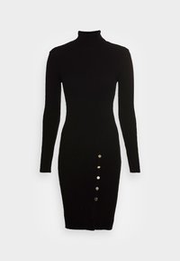 Černé žebrované dlouhé šaty s vysokým výstřihem, se zapínáním na knoflíky podél předního dílu. Vyrobeno z texturované pleteniny.