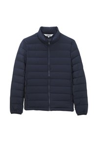 Veste rembourrée bleu marine avec un col haut, présentant des sections matelassées verticales et un zip frontal. Texture lisse et design ajusté.