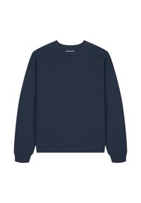 Felpa blu navy con maniche lunghe, collo a girocotolo e orlo a coste. Tessuto liscio, caratterizzata da un design minimalista senza motivi o dettagli.