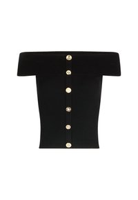 Top nero a spalla scoperta con texture a coste, design aderente e dettagli in bottone dorato lungo la parte anteriore.