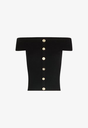 Schwarzes schulterfreies Oberteil mit geripptem Textur, tailliertem Schnitt und goldenen Knopfdetails an der Vorderseite.