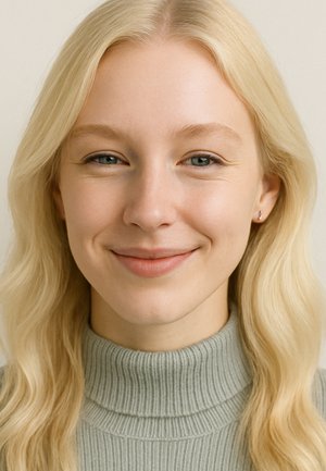 Ung kvinde med langt blond hår, lys grå ribbet turtleneck sweater, iført små sølvøreringe, smilende blidt mod en neutral baggrund.