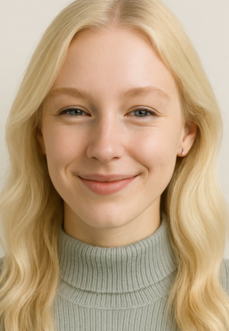 Ung kvinna med långt blont hår, ljusgrå ribbad polotröja, iförd små silvriga örhängen, leende milt mot en neutral bakgrund.